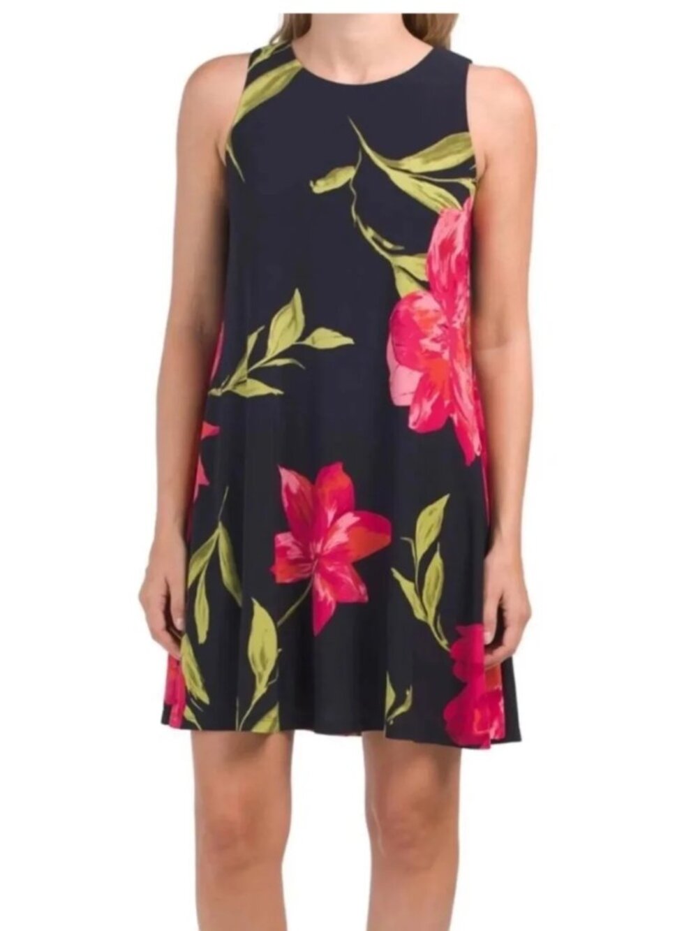 Anne Klein Sleeveless Navy Pink Floral Swing Dress Size 6